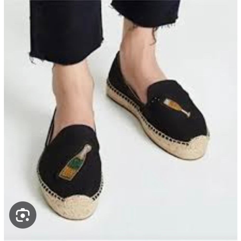 Soludos Womens 7 Black Cheers Champagne Bottle Glass Flats Slip On Espadrille